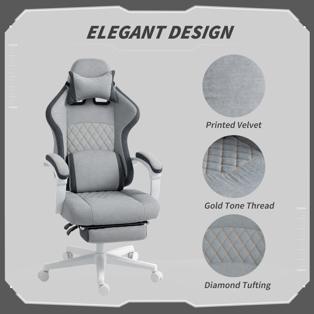 HOMCOM Printed Velvet Computer Recliner Chair with Adjustable Height, Lumbar Support & Footrest – 135° Reclining, Grey