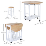 3-Piece Wooden Kitchen Cart with 2 Folding Stools, Drawers & Castor Wheels – Breakfast Bar Set for Small Kitchens