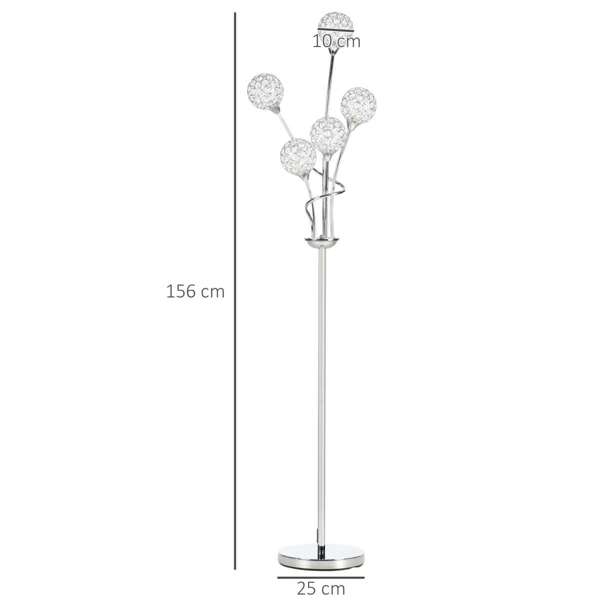 HOMCOM K9 Crystal 5-Light Upright Floor Lamp with Bead-Filled Shades – Living Room Standing Light, Silver