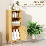 HOMCOM Narrow Bathroom Storage Cabinet with Open Compartments & Bamboo Door – Slim Floor Cabinet, Natural