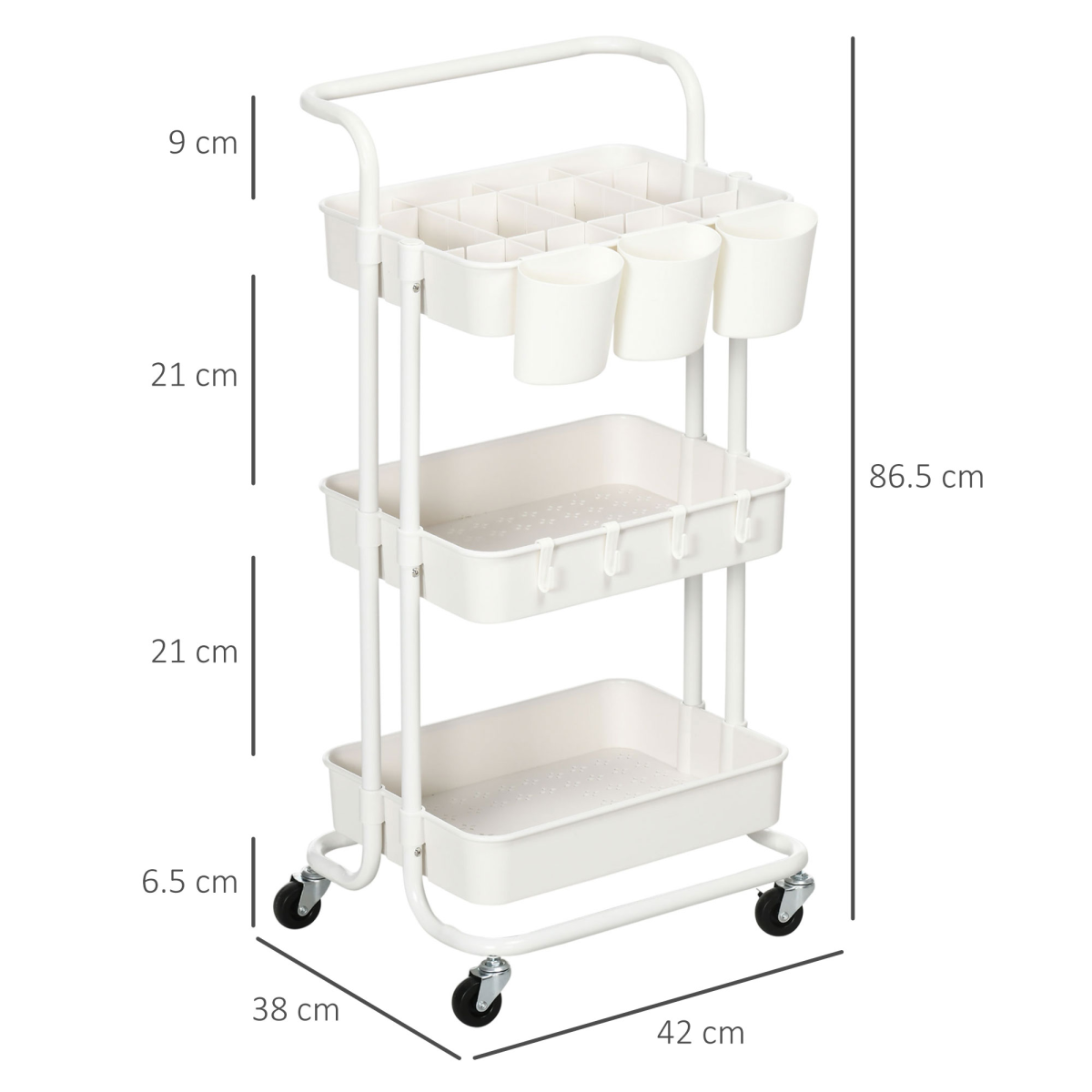 HOMCOM 3-Tier Utility Cart, Rolling Serving Trolley with Baskets and Hooks – Kitchen Storage, White