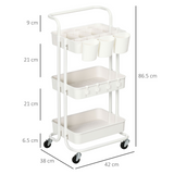 HOMCOM 3-Tier Utility Cart, Rolling Serving Trolley with Baskets and Hooks – Kitchen Storage, White
