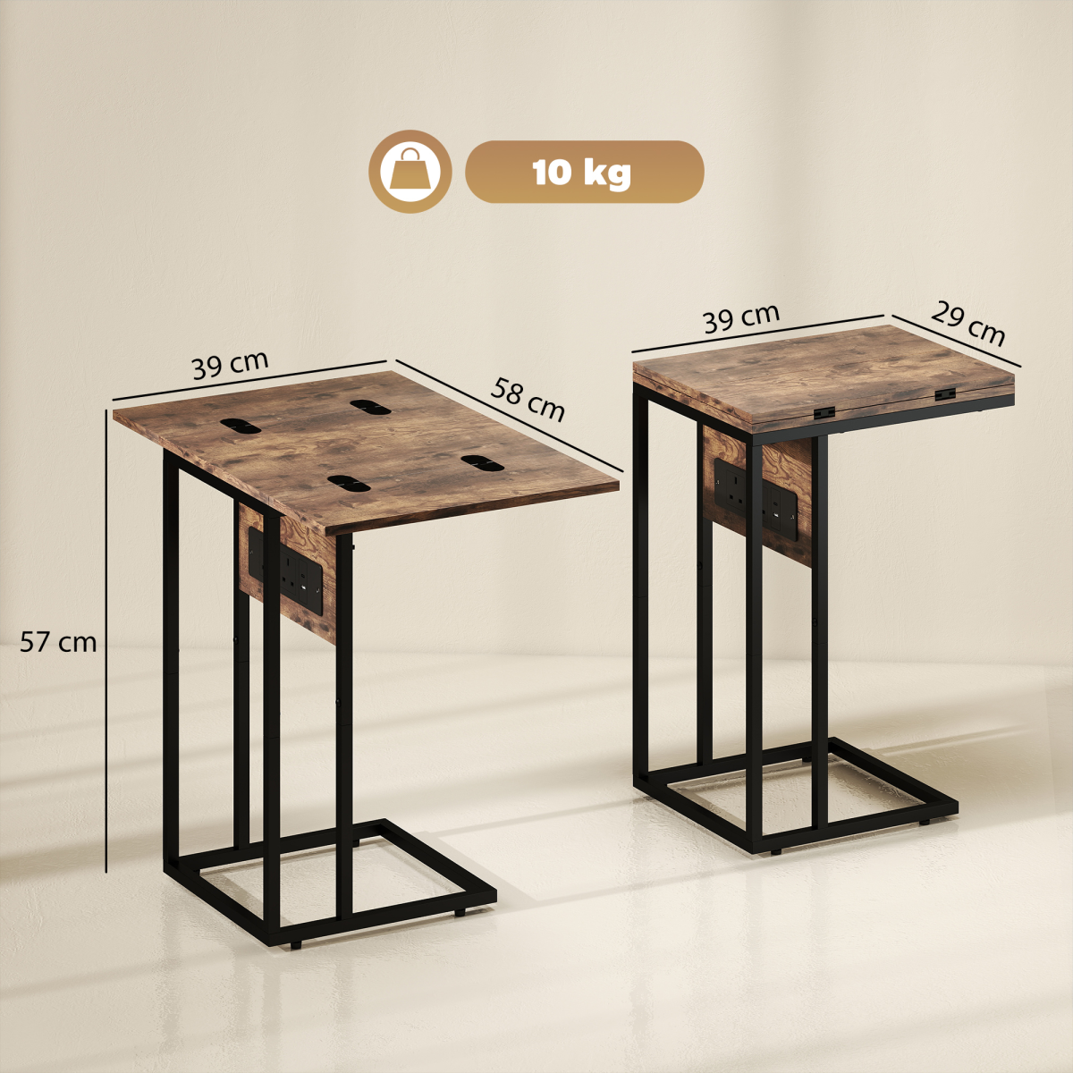 HOMCOM C Shaped Side Table with Charging Station and Foldable Top – Space-Saving, Rustic Brown and Black