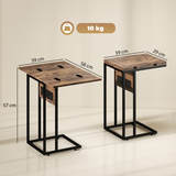 HOMCOM C Shaped Side Table with Charging Station and Foldable Top – Space-Saving, Rustic Brown and Black