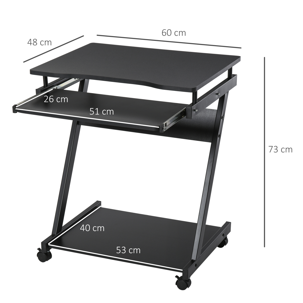 Movable Computer Desk with 4 Wheels and Sliding Keyboard Tray – Compact Home Office PC Workstation, Black