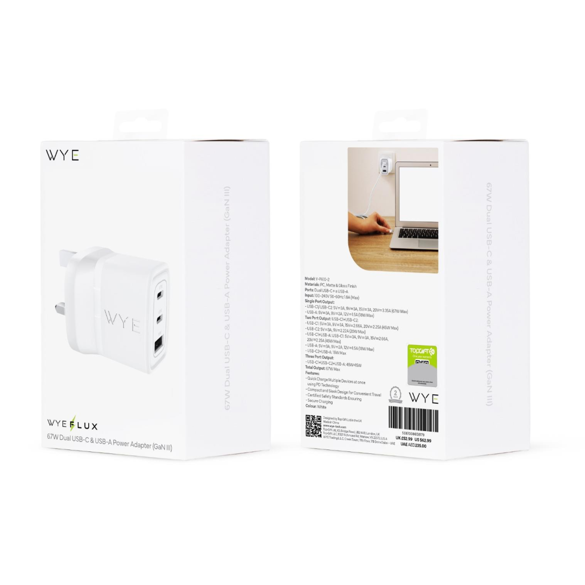 WYEFLUX 67W GaN III Power Adapter with Dual USB-C & USB-A Ports – Quick Charge Multiple Devices, Black