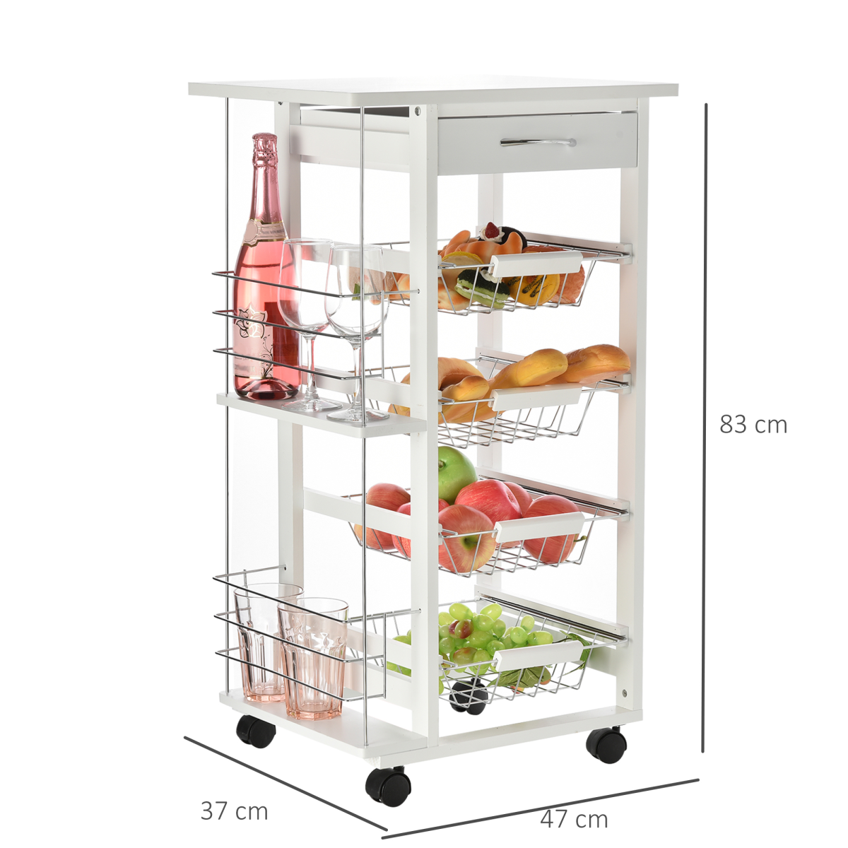 HOMCOM Multifunction Kitchen Island Trolley with Drawer, Side Racks & Storage Cabinet – White
