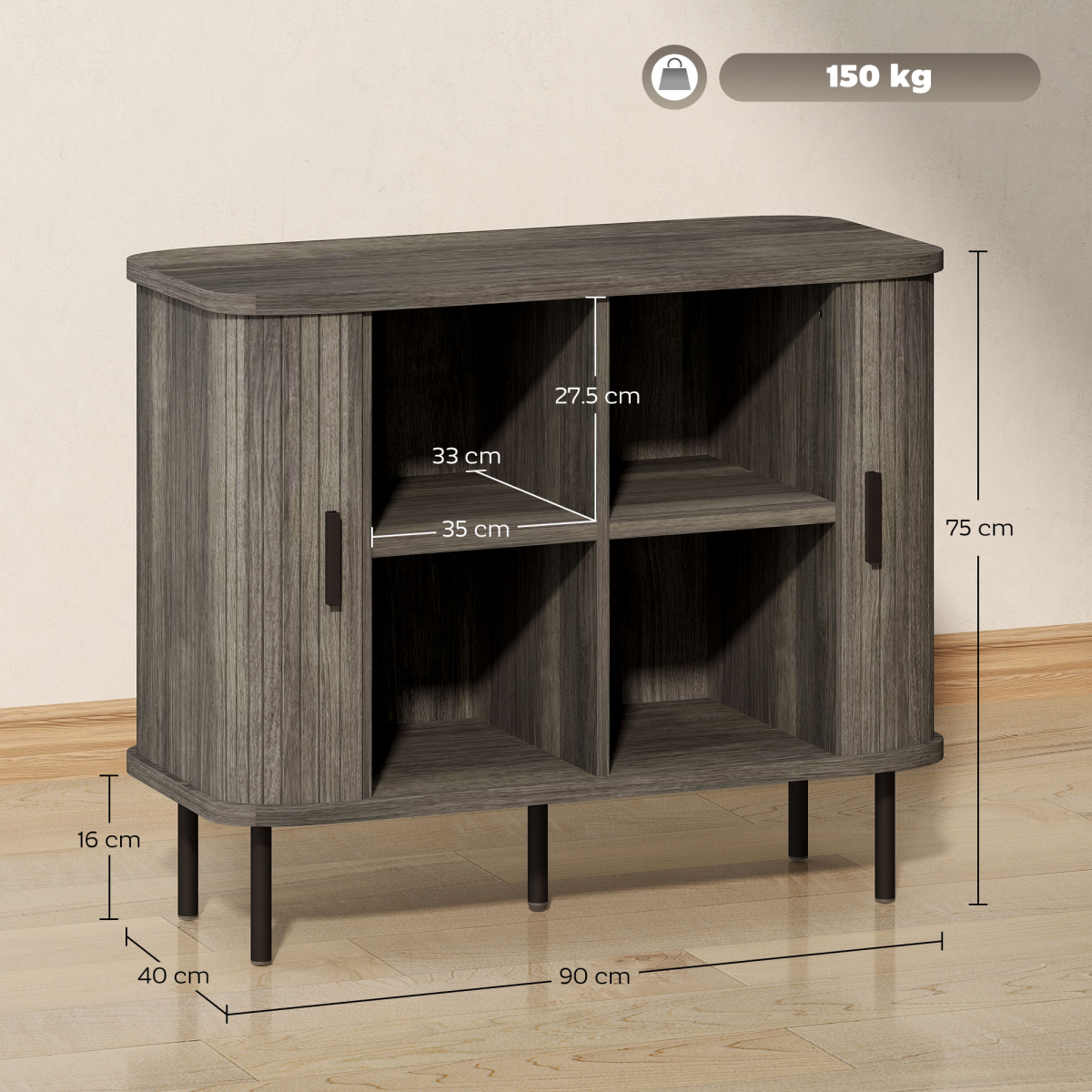 Mid-Century Sideboard with Slatted Tambour Sliding Doors – Kitchen & Hallway Storage Cabinet, Grey & Black