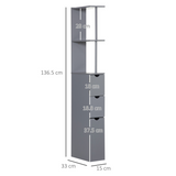 HOMCOM Tall Slimline Bathroom Storage Cabinet with Open Shelves, Cupboard and Drawers – Anti-Tipping Design, Grey