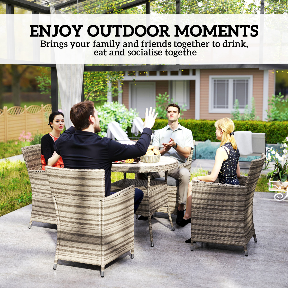 Outsunny 5-Piece Rattan Dining Set for 4 with Cushioned High-Back Chairs & Two-Tier Table – Patio, Grey
