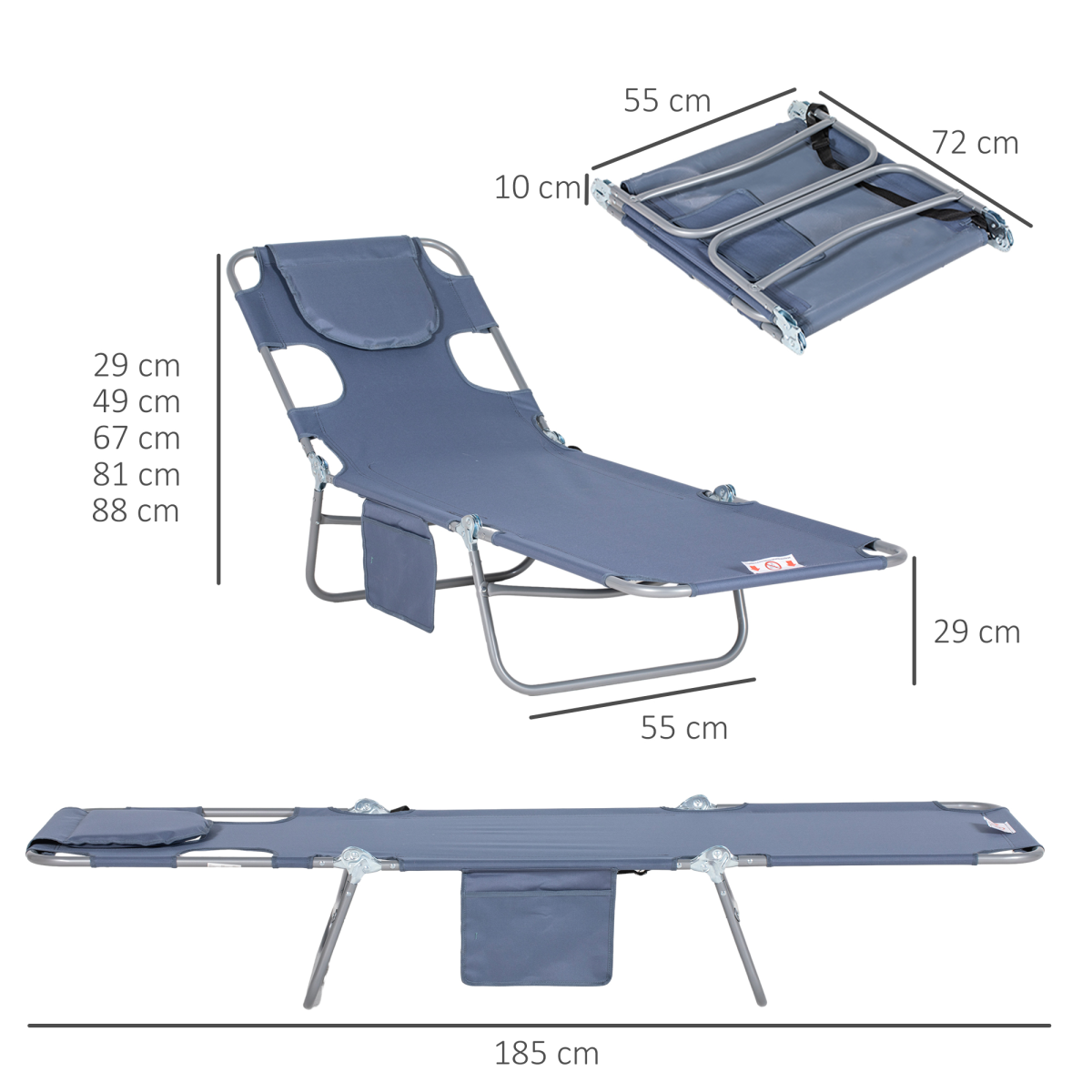 Outsunny Folding Beach Chaise Lounge with Padded Face Hole & 5-Level Adjustable Backrest – Sun Lounger, Grey