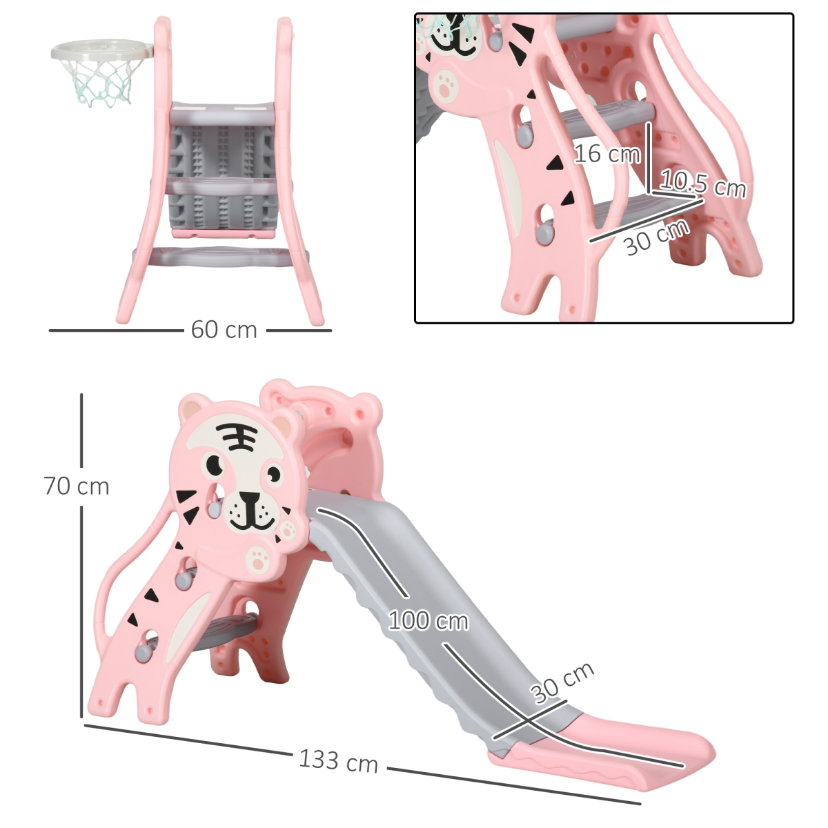 AIYAPLAY Kids Slide with Basketball Hoop and Basketball – Indoor Play Slide for 18-36 Months, Pink