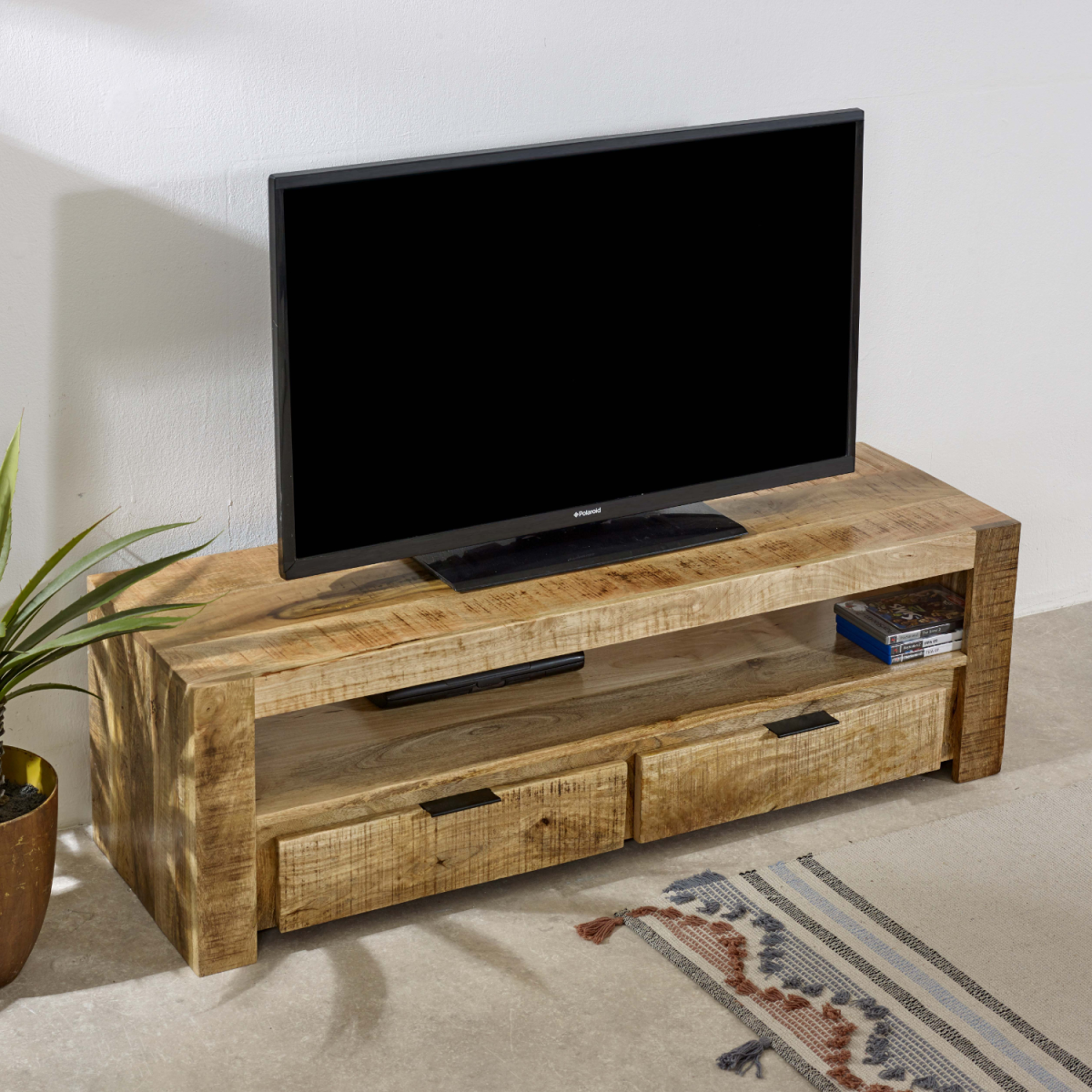 Indian Hub Surrey Solid Mango Wood TV Stand with 2 Drawers – Handmade Media Unit