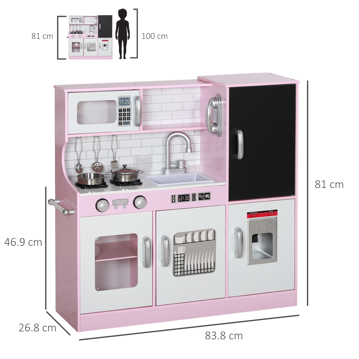 AIYAPLAY Play Kitchen with Toy Phone, Chalkboard, Sink and Ice Maker – Pretend Toy Kitchen Set, Pink