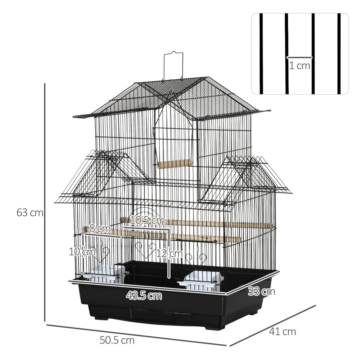 PawHut Metal Bird Cage with Plastic Perch, Food Container and Carry Handle, 50.5 x 40 x 63cm – Black