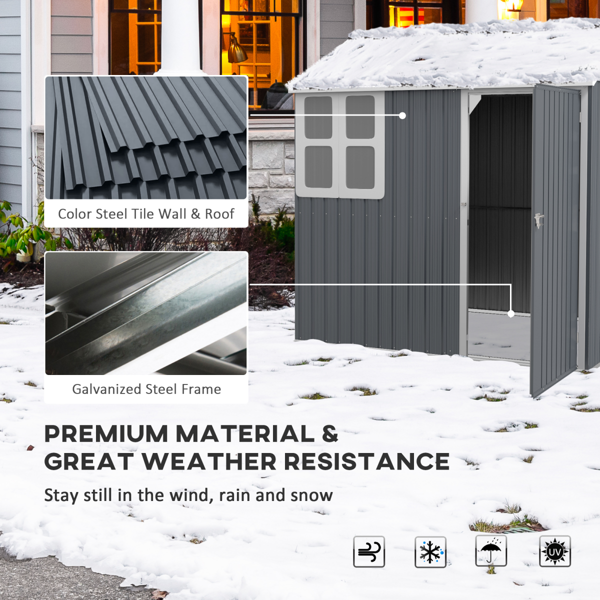 Outsunny 7 x 6ft Galvanised Steel Garden Shed with Window & 4 Vents – Outdoor Tool & Bike Storage, Dark Grey