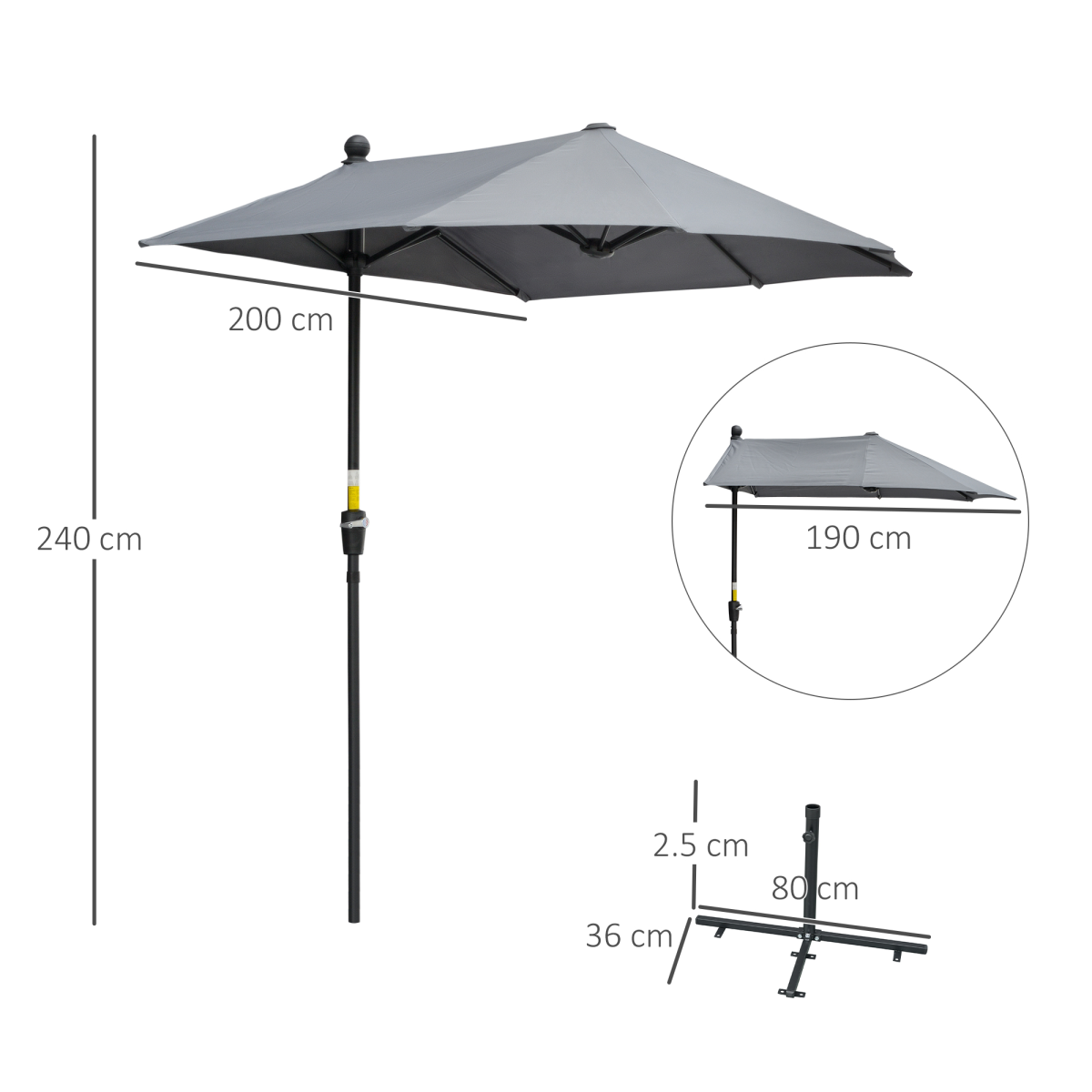 Outsunny 2m Half Garden Parasol with Crank Handle & Base – Double-Sided Canopy for Small Spaces, Dark Grey