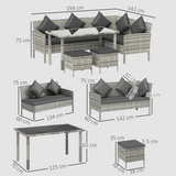 Outsunny 5-Piece Rattan Corner Sofa Dining Set with Glass Table and Footstools – Garden Furniture, Dark Grey