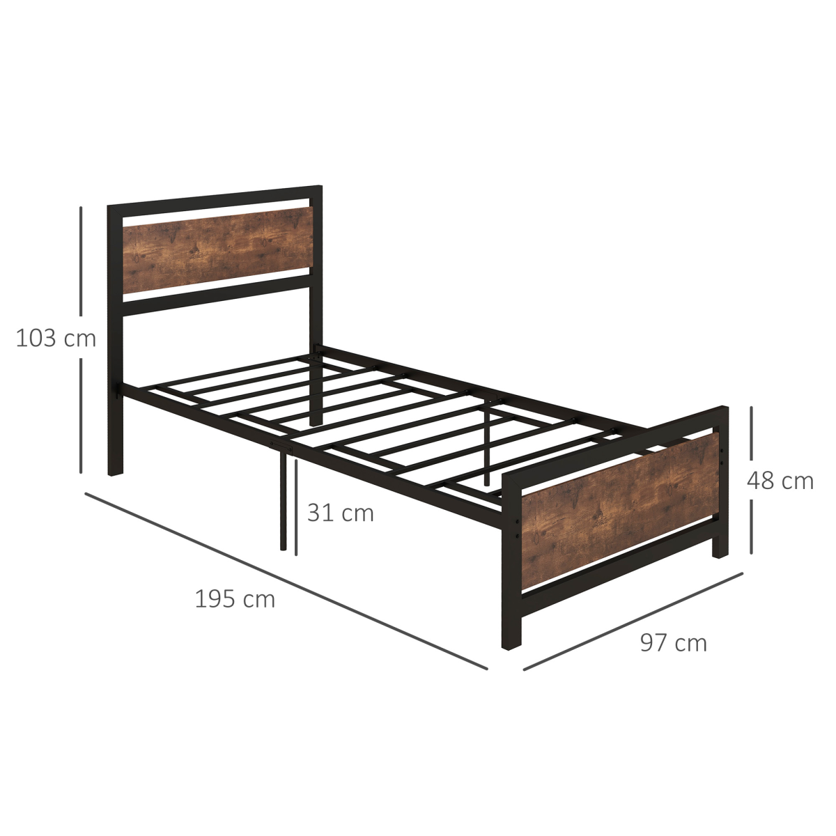HOMCOM Single Metal Bed Frame with Headboard & Footboard – Sturdy Bedroom Furniture, 97 x 195cm