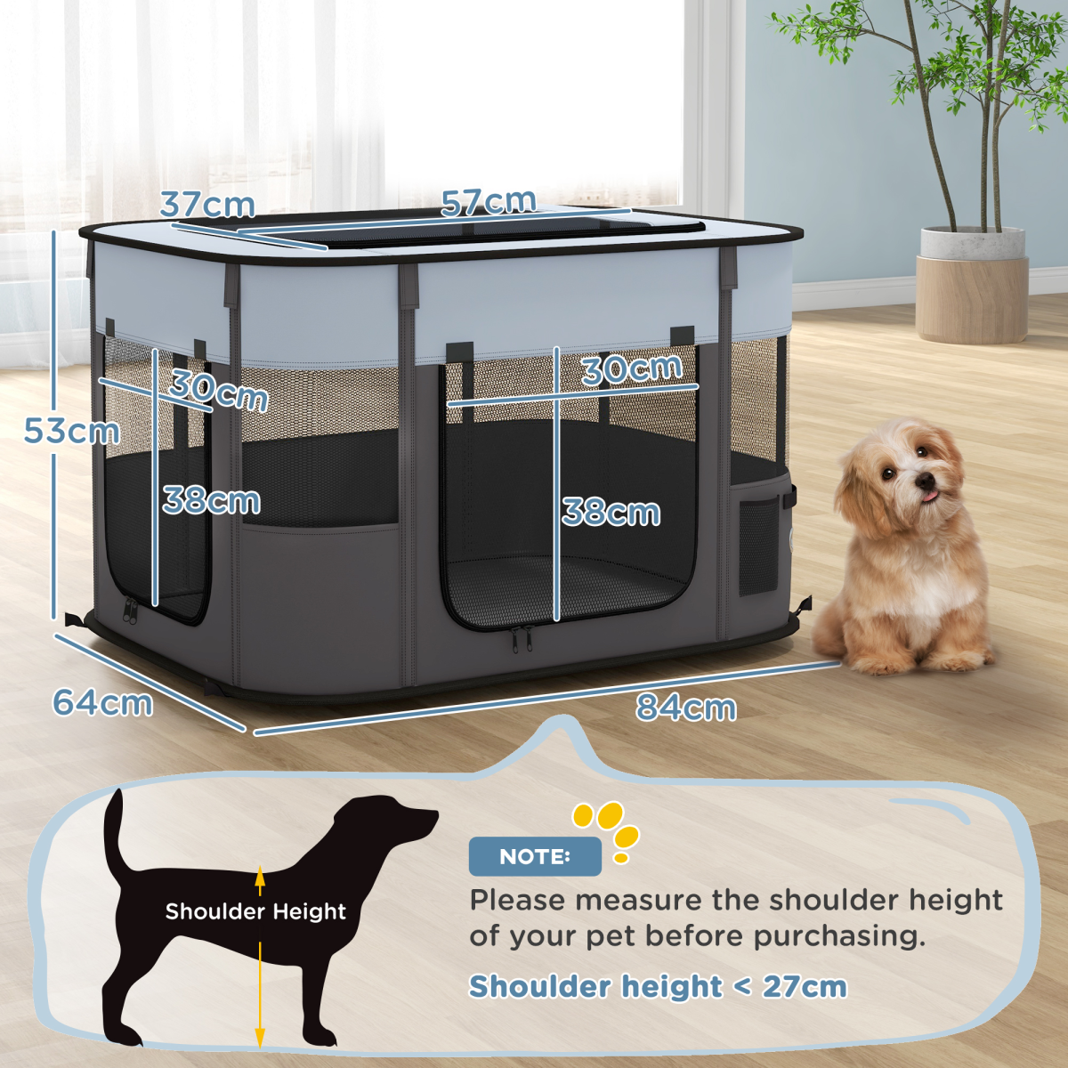 PawHut Portable Foldable Pet Playpen with Mesh Windows & Storage Bag – Dog, Rabbit & Kitten Run, Grey, 84cm