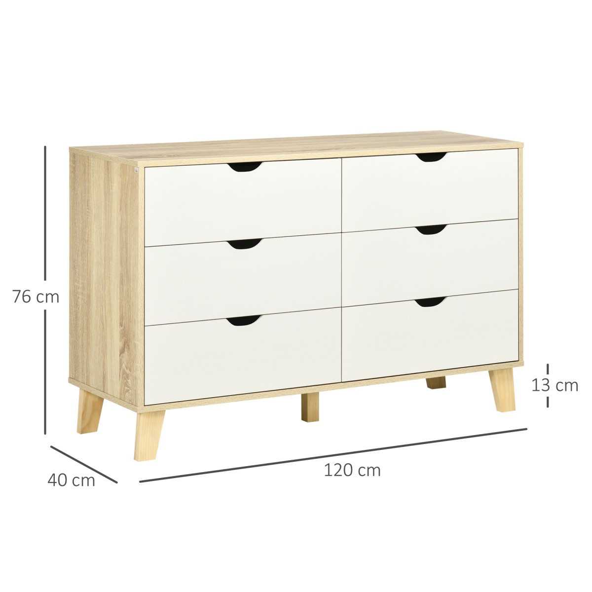 6 Drawer Chest of Drawers with Anti-Tipping Straps – Wide Low Bedroom Storage Unit, White and Brown