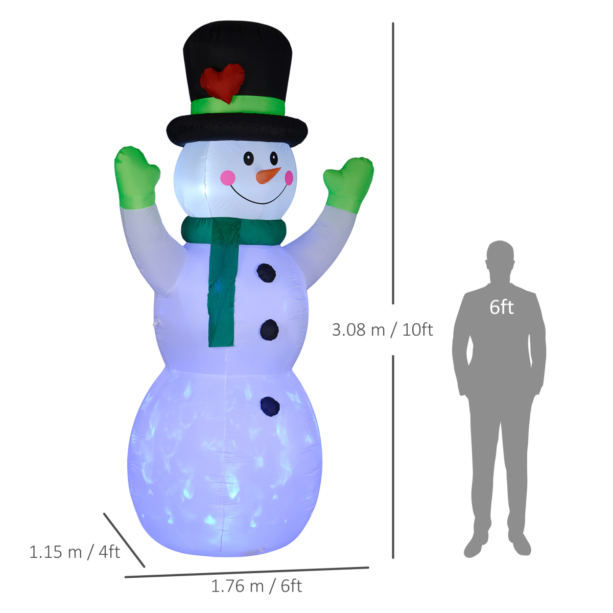 Outsunny 10ft Christmas Inflatable Snowman with Black Hat & Green Scarf – Outdoor Garden Decoration, White
