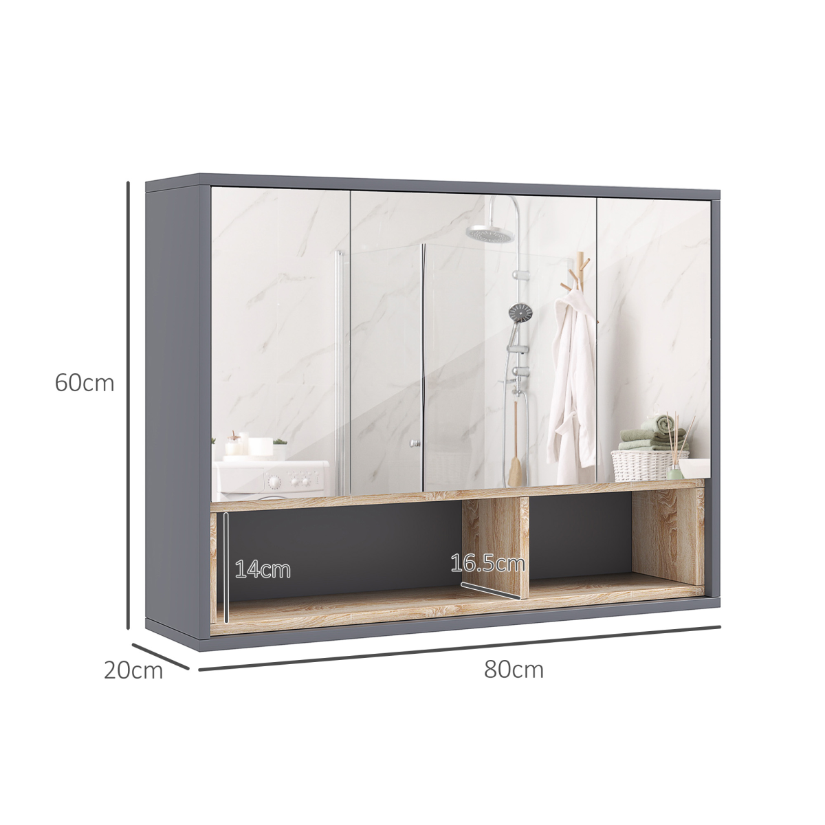 HOMCOM Wall-Mounted Bathroom Mirror Cabinet with Eight Compartments and Shelves, Grey