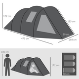 Outsunny 3-4 Person Tunnel Tent with Two Rooms, Windows & Carry Bag – Water-Resistant Family Camping Tent, Black