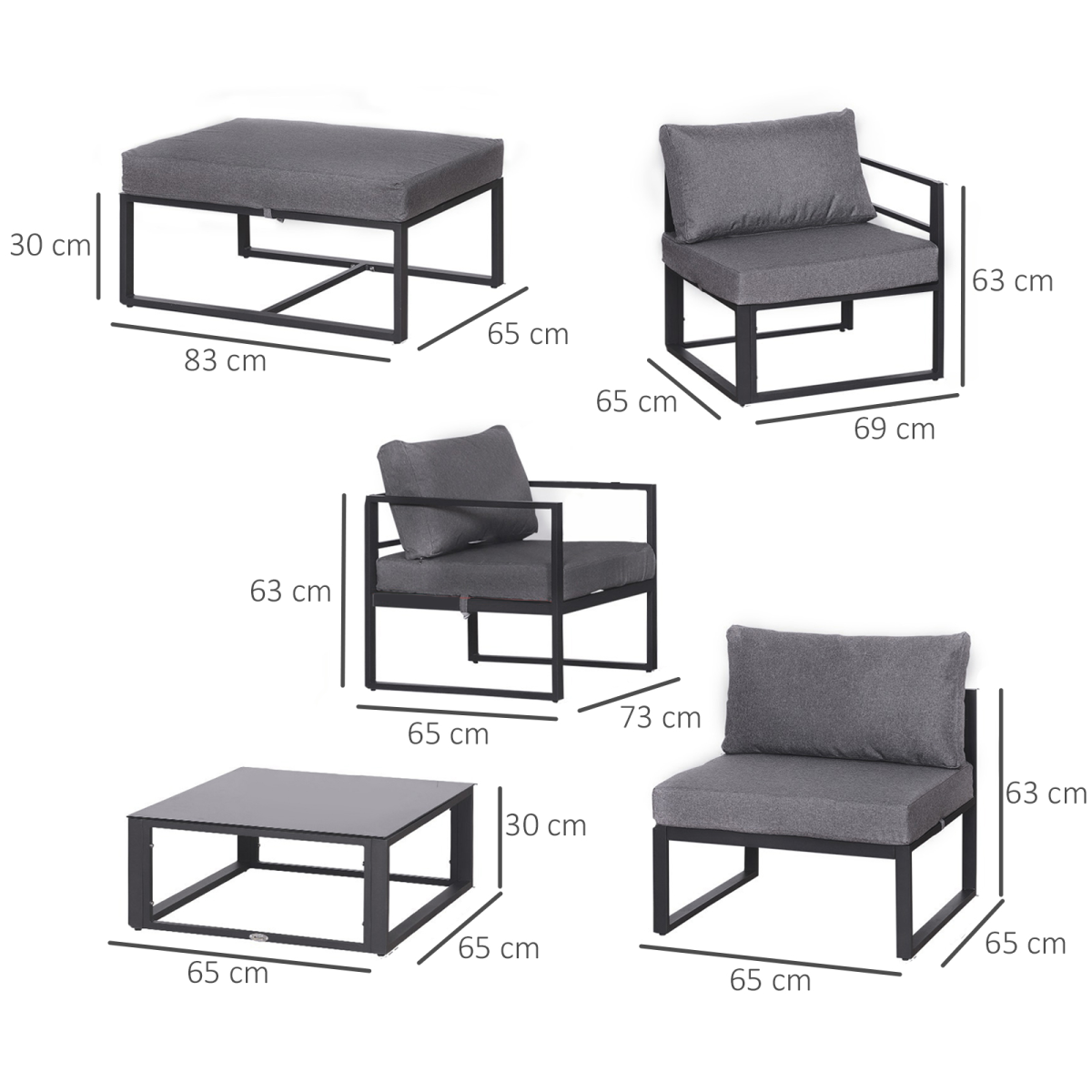 Outsunny 6-Piece Aluminium Garden Sectional Sofa Set with Cushions, Glass Coffee Table & Footstool – Patio Furniture