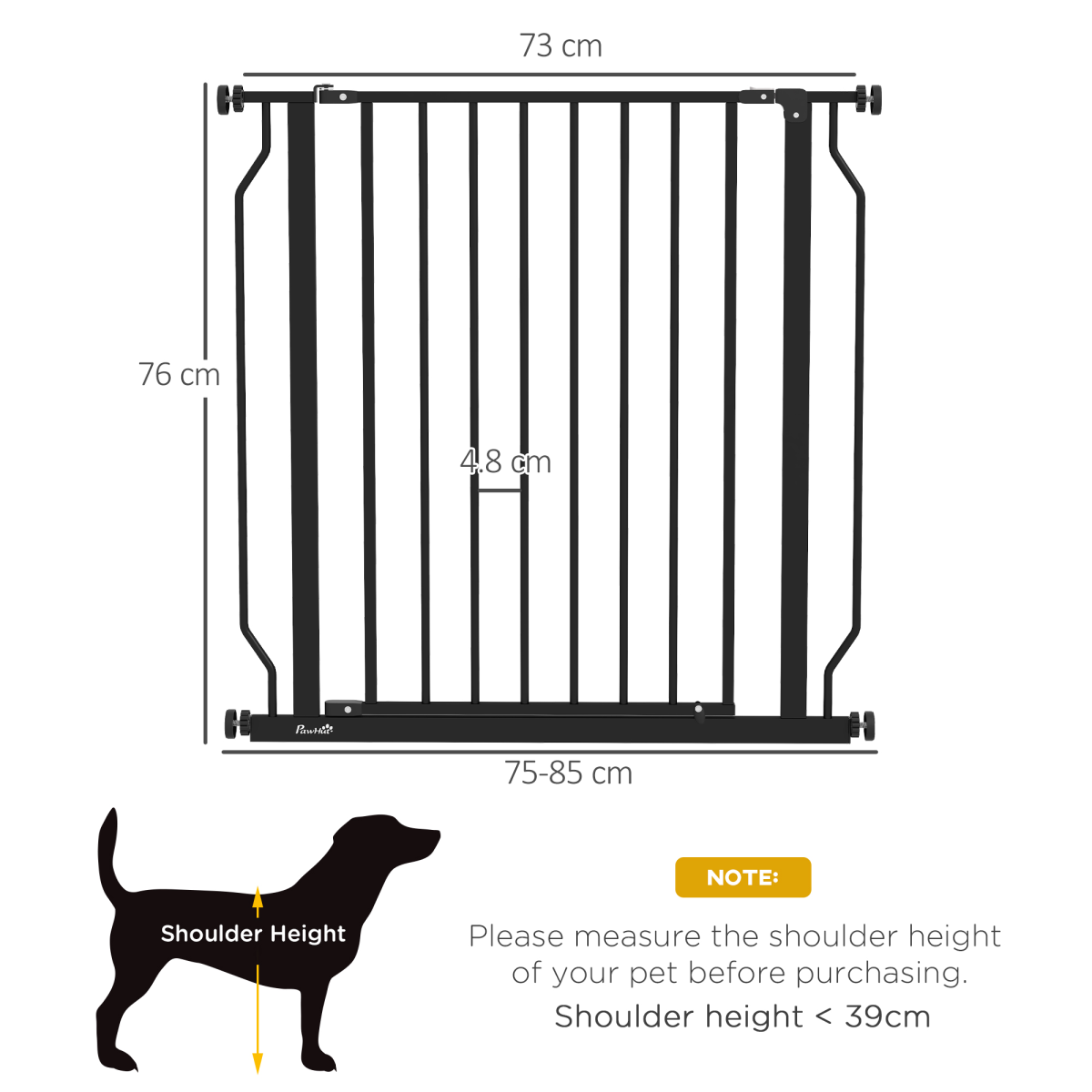 PawHut Wide Pressure-Fit Dog Stair Gate with Door, 75–85cm Adjustable Width, Black