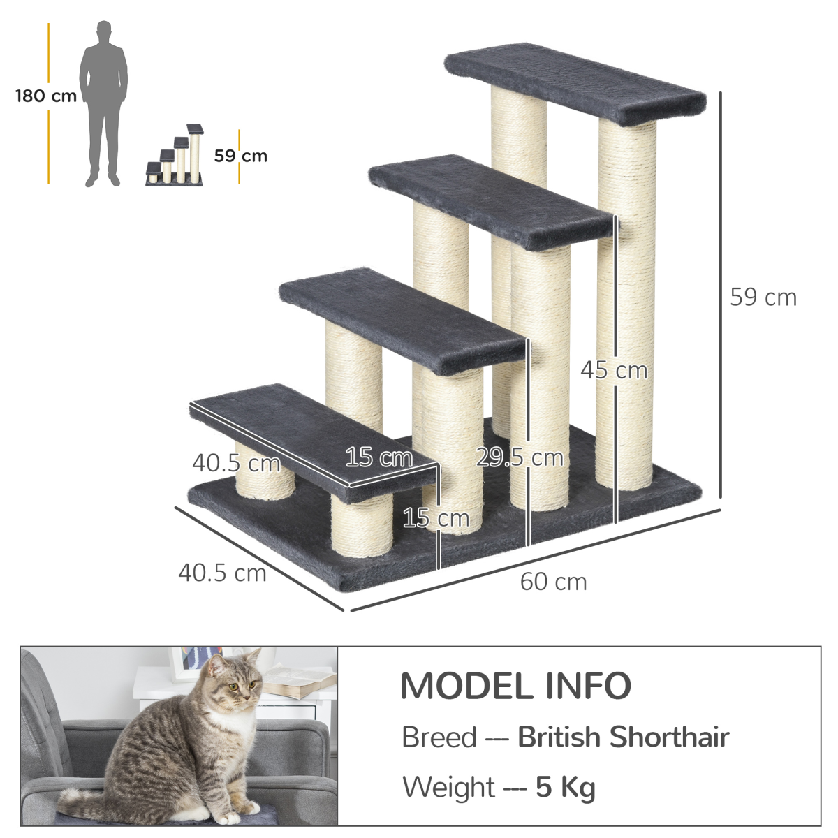 Pawhut Pet Stairs with Plush Covering and Sisal Scratching Posts – Dog and Cat Step Ladder, Particle Board