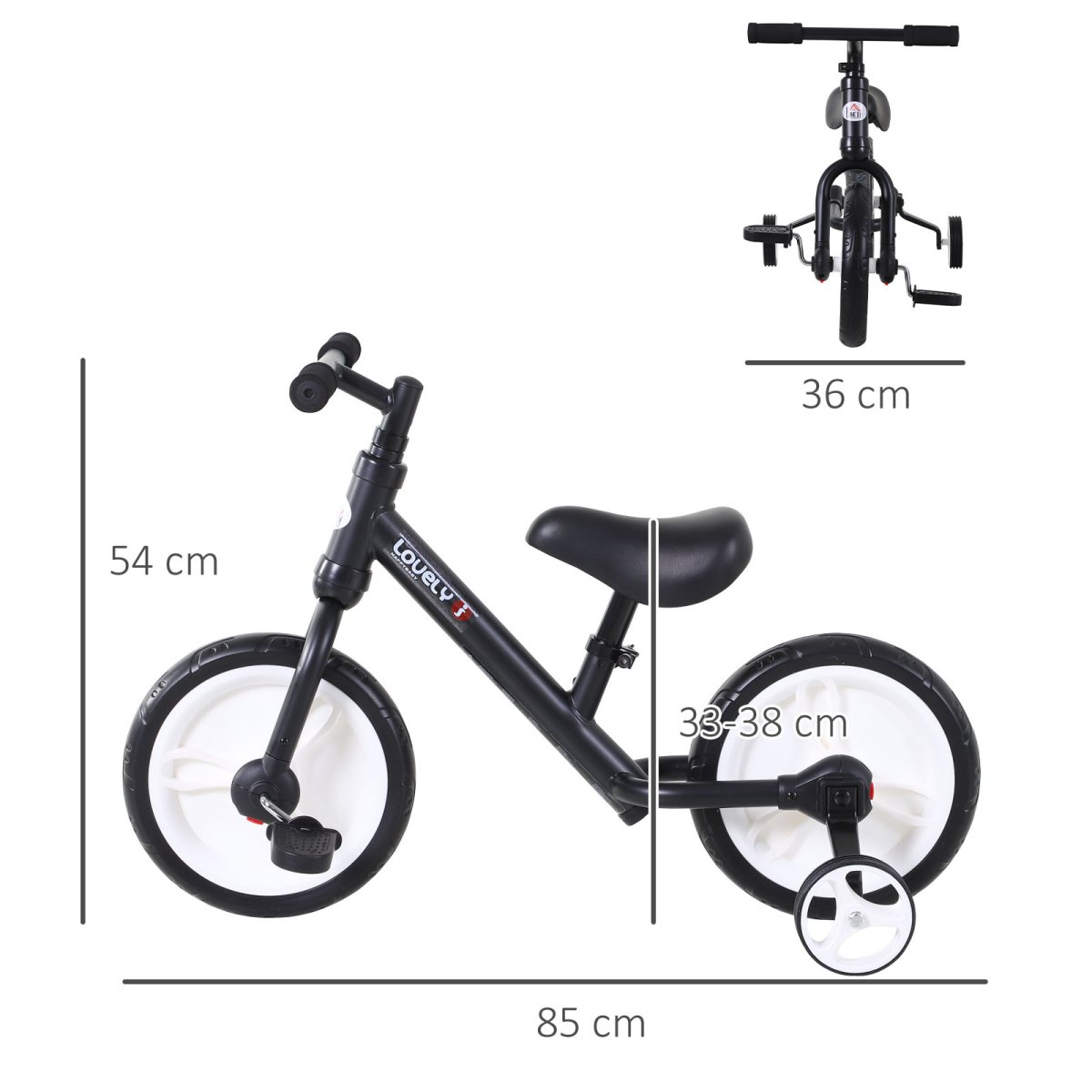 HOMCOM 2-in-1 Kids Balance Bike with Stabilizers and Pedals – Adjustable Seat Training Bike, Black