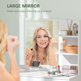 HOMCOM Modern Dressing Table with Large Mirror, Drawer & 3-Tier Open Shelves – Bedroom Vanity, White