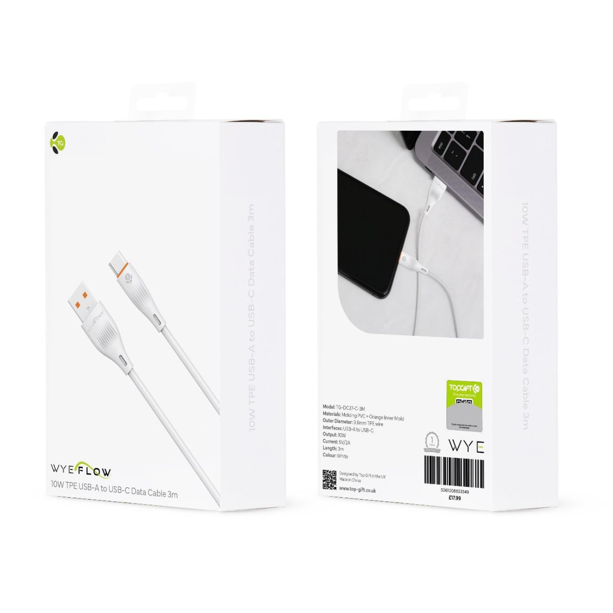 WYEFLOW TPE USB Charging & Data Cable 3m with 10W Output – Long Phone Charging Lead, White