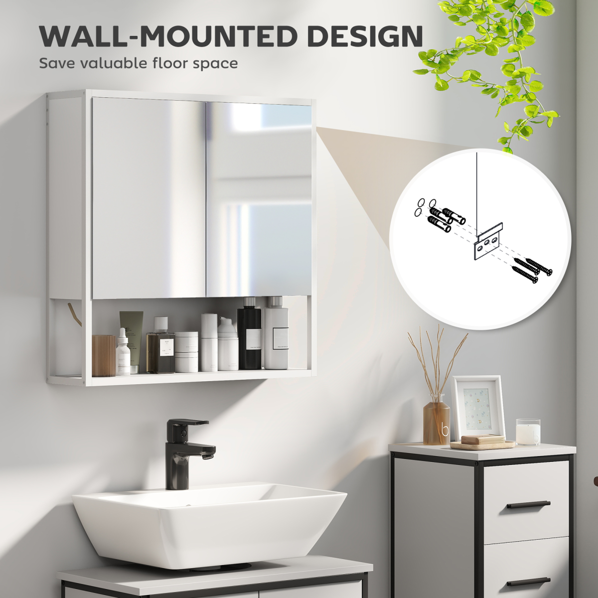 Wall Mounted Bathroom Mirror Cabinet with Soft-Close Doors & Adjustable Shelf – Storage Cupboard, White