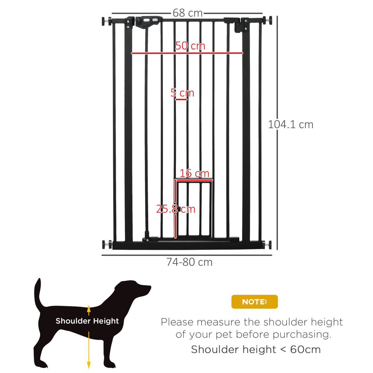 PawHut Extra Tall Auto-Close Dog Gate with Cat Door, 74–80cm – Steel Stair Gate with Rotatable Locks