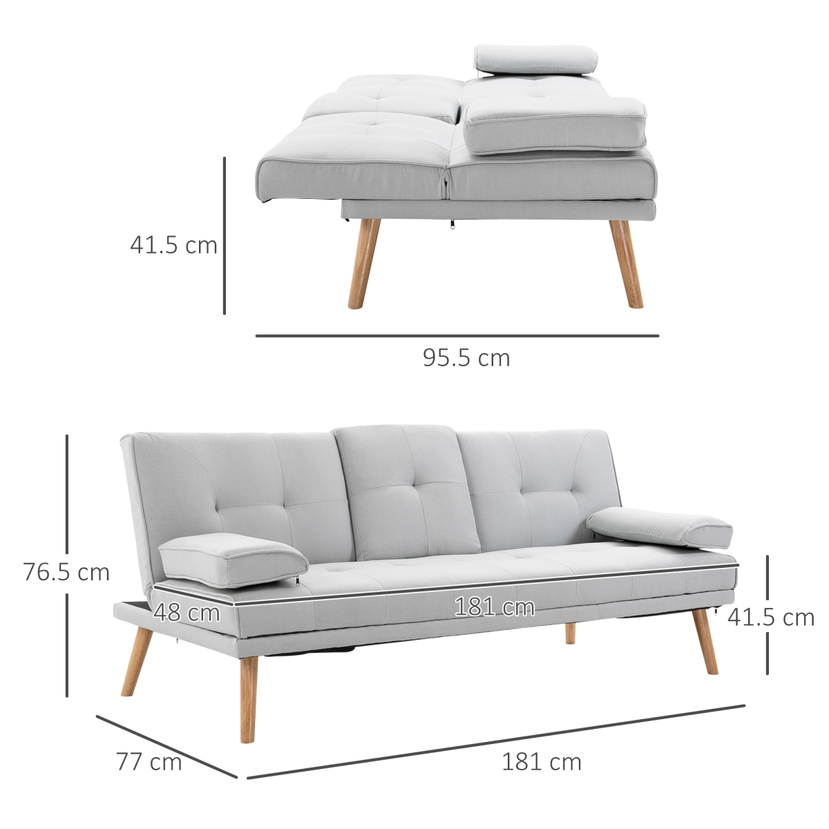 HOMCOM Scandi 3 Seater Sofa Bed with Adjustable Recline & Fold-Down Middle Table – Metal Frame Guest Bed