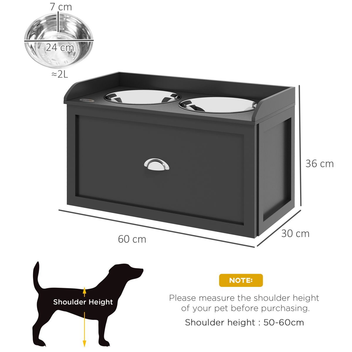 PawHut Stainless Steel Raised Dog Bowl Stand with 21L Storage Drawer – Feeding Station for Large Dogs, Black