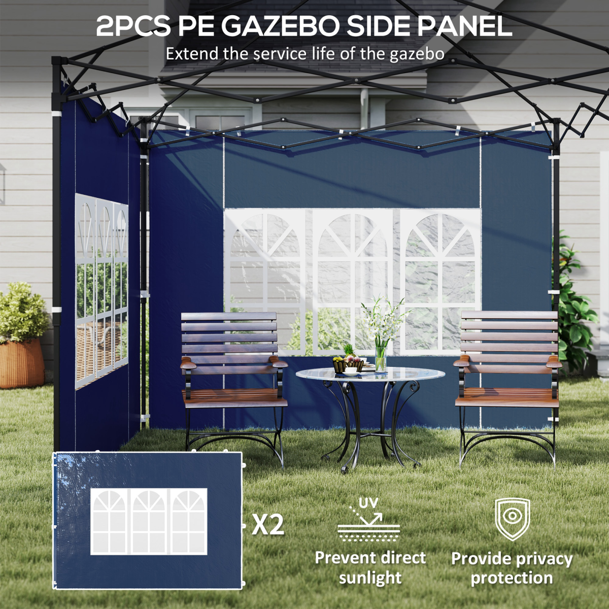 Outsunny Gazebo Side Panels with Windows, 2-Pack for 3x3m / 3x6m Canopy Frames – PE Plastic, Blue