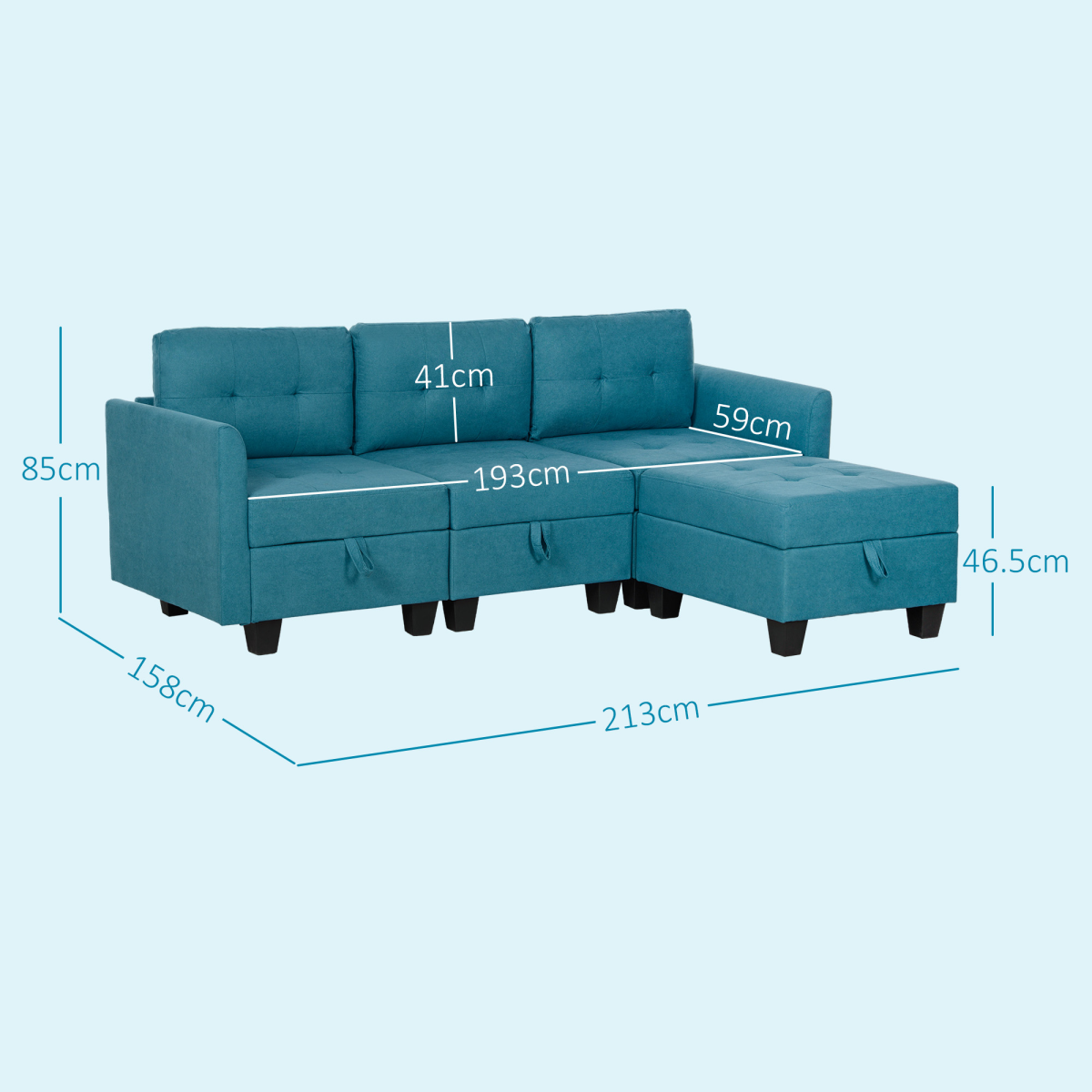 HOMCOM Convertible Modular Sectional Sofa with Built-In Storage – L-Shape Family Seating, Light Blue
