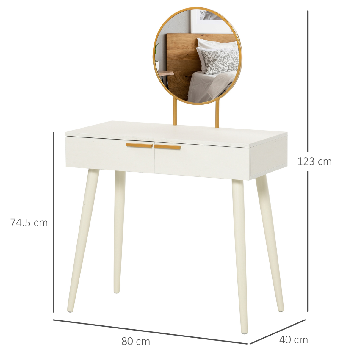 HOMCOM Modern Dressing Table with 2 Drawers and Round Mirror – Particle Board Bedroom Vanity, White