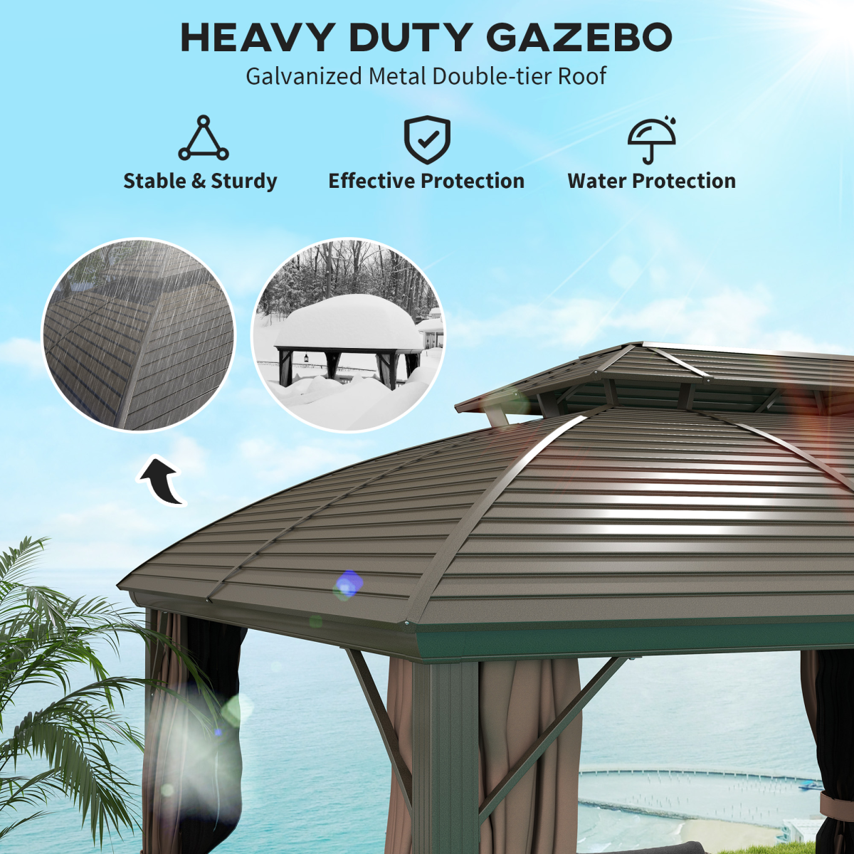 Outsunny 3.65x3m Aluminium Hardtop Gazebo with Double Roof, Mesh Sidewalls & Curtains – Coffee
