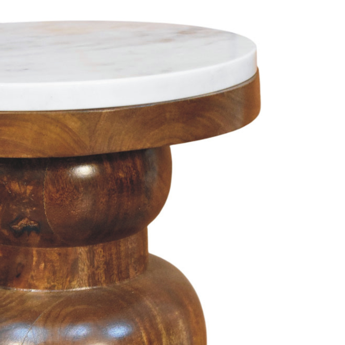 Artisan Furniture Solid Wood Marble Top Bulla Side Table with Stacked Rounded Base – Accent Table, Brown & White