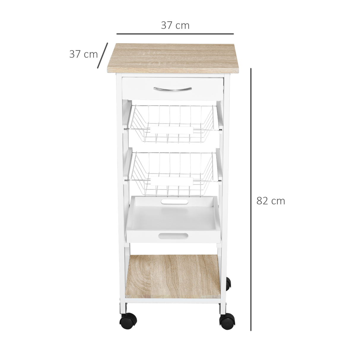 HOMCOM 5-Tier Kitchen Storage Trolley with Drawer, Wire Baskets & Pull-Out Tray – White