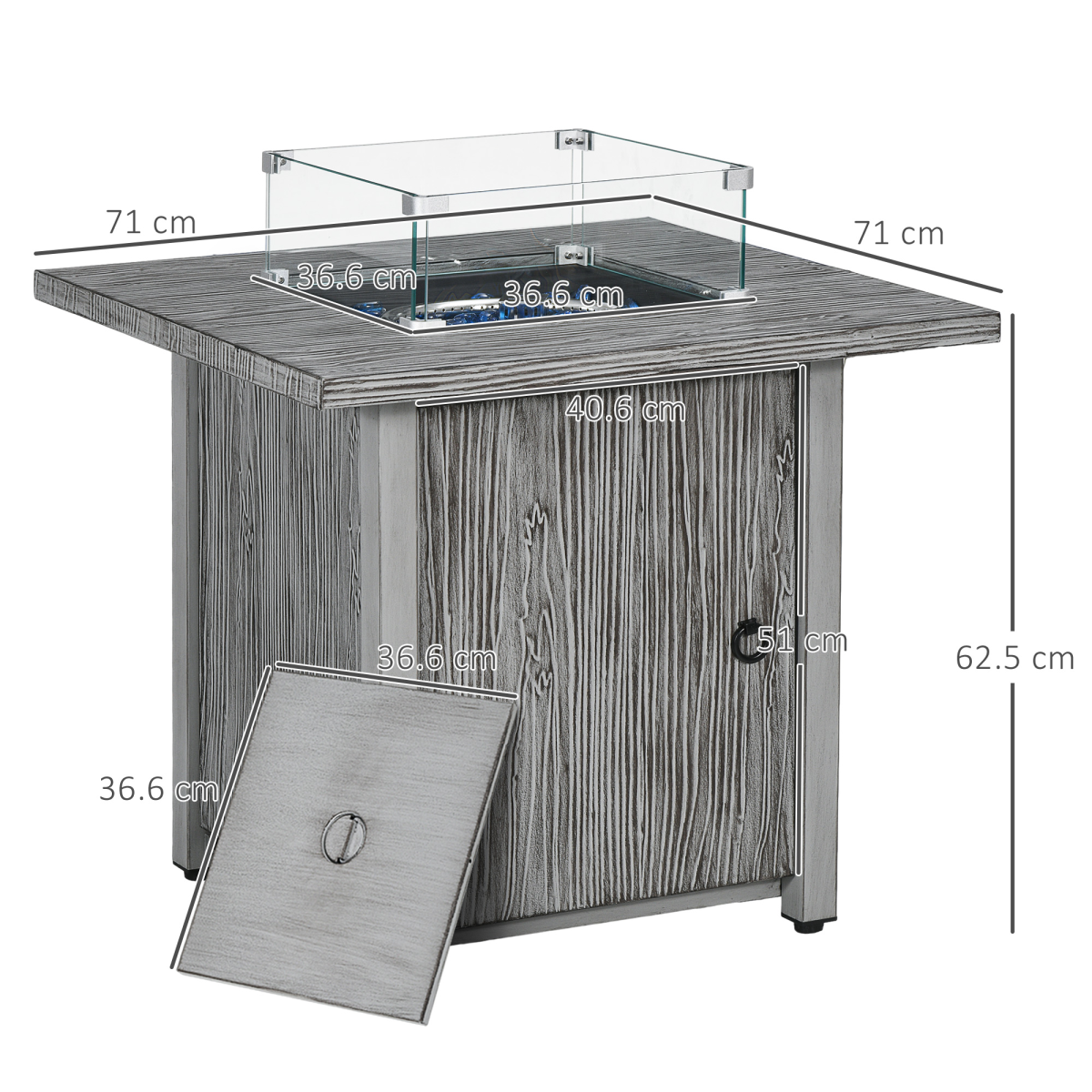 Outsunny 40,000 BTU Propane Gas Fire Pit Table with Glass Screen & Waterproof Cover – Garden Patio Heater, Grey
