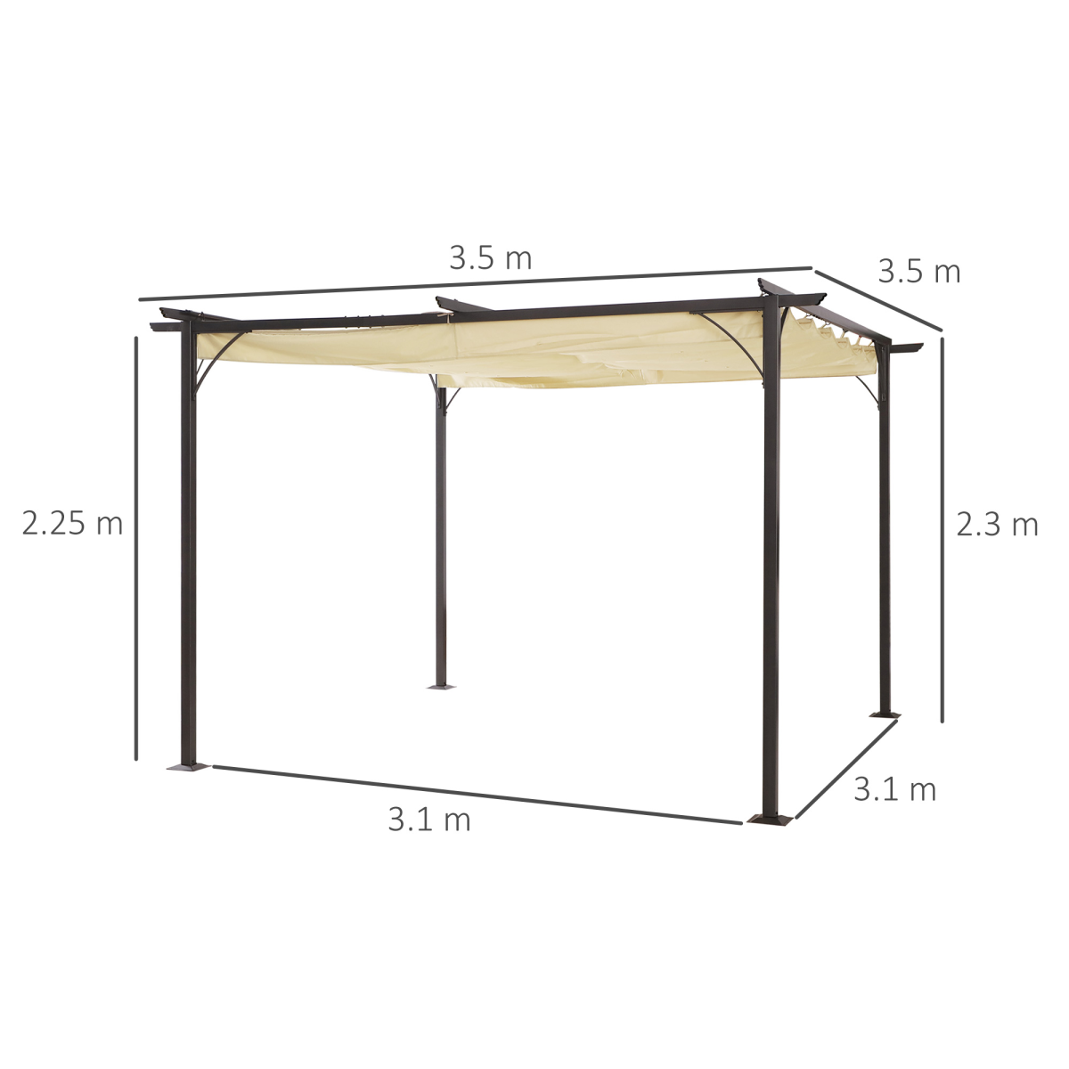 Outsunny Steel Garden Pergola with Retractable Canopy, 350cm – Patio Shade, Black/Beige