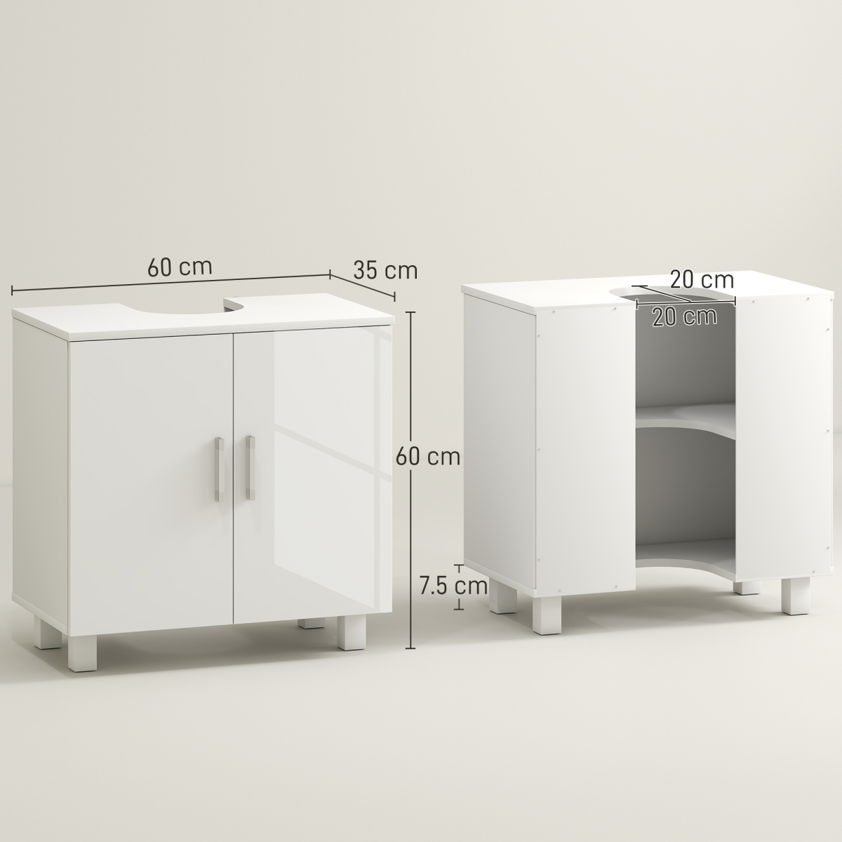 HOMCOM High Gloss Freestanding Under Sink Bathroom Cabinet with U-Shape Cut-Out and Middle Shelf – White