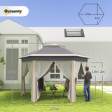 Outsunny 3 x 4m Hexagon Pop-Up Metal Gazebo with Six Mesh Curtains – Garden Party Tent, Khaki