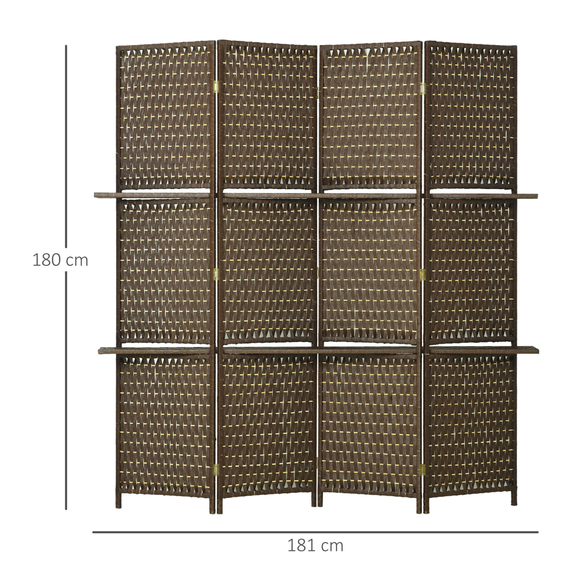 4-Panel Folding Room Divider with Shelves – Woven Wicker Effect Privacy Screen with Wood Frame, Brown