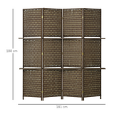 4-Panel Folding Room Divider with Shelves – Woven Wicker Effect Privacy Screen with Wood Frame, Brown